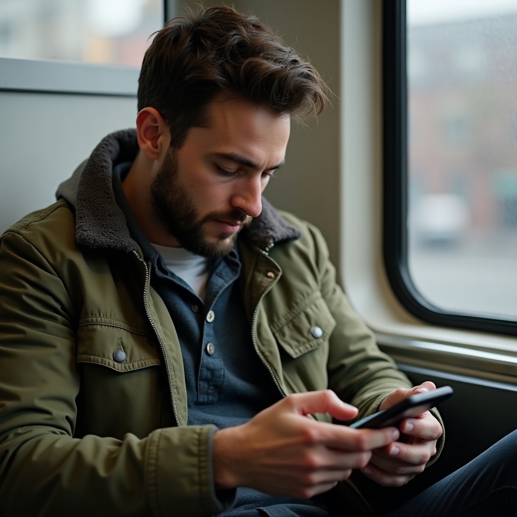 Commuter on a train checking a phone with a partially loaded article page