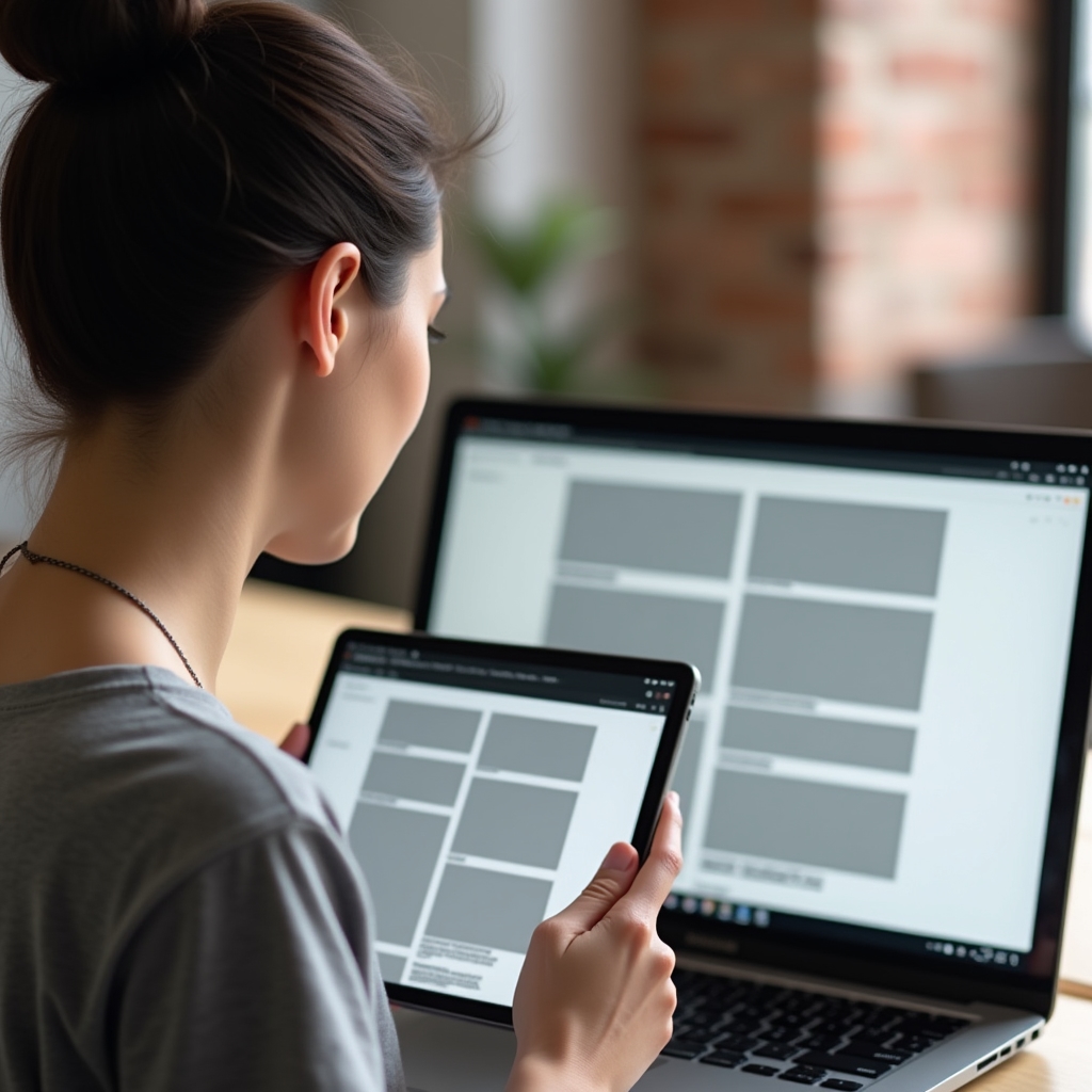Designer reviewing wireframe skeleton screens on a tablet next to a laptop showing a finished layout